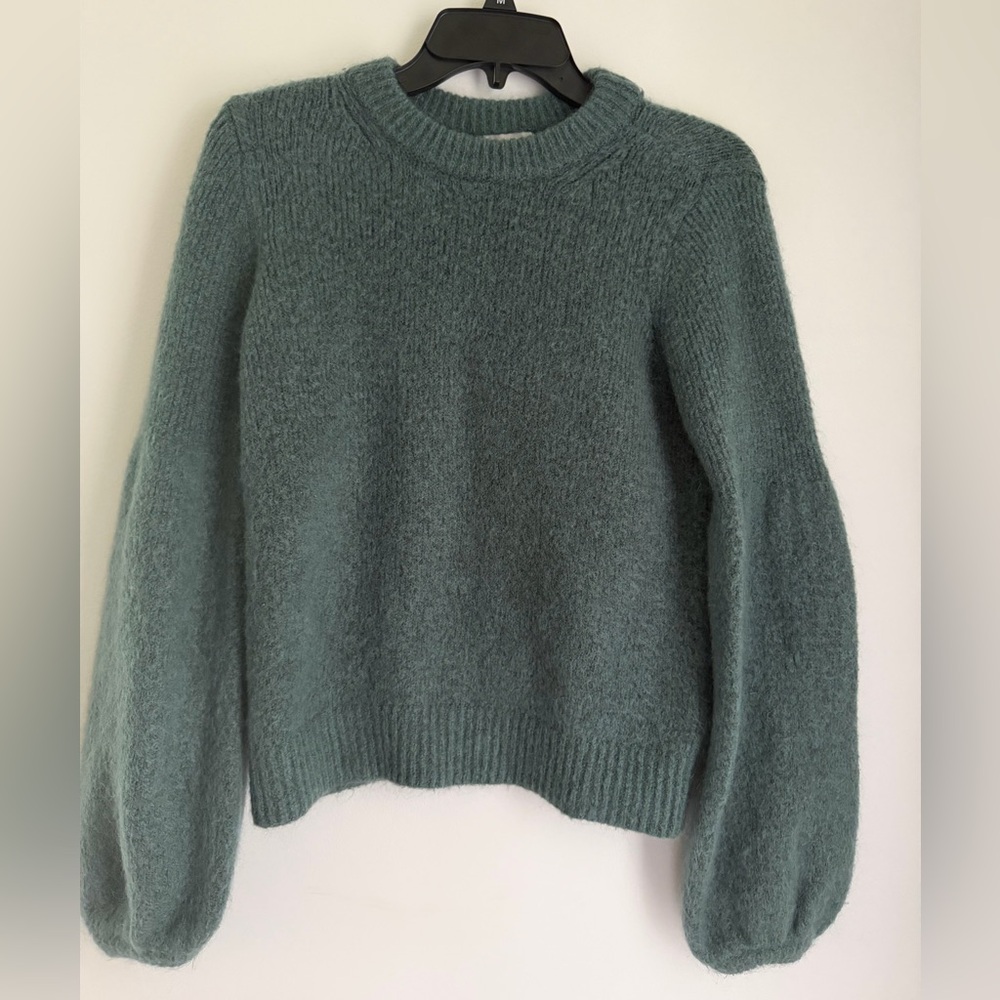 H&M Balloon Sleeve Sweater Mohair Wool Crew Neck Relaxed Fit Ribbed Trim Green S